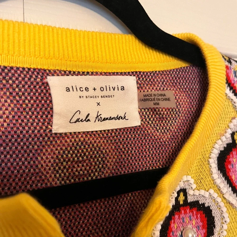 Alice + Olivia Yellow Trim Multicolor Embroidered Knit Cardigan - Picture 2 of 8